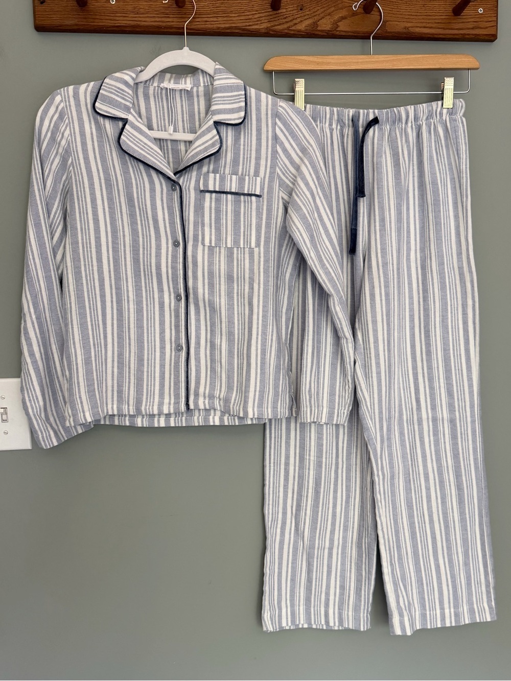Mango Teen 100% Cotton Blue & White Striped Long Sleeve Top + Pant Pajama Set